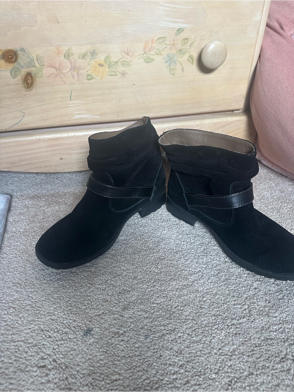 Women’s Black Suede Ankle Booties with Strap Accent